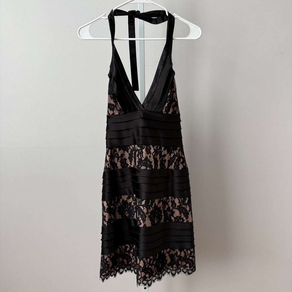 BCBGMAXAZRIA sz 2 Black‎ Lace Satin Tiered Mini Dress Cocktail Party Luxury